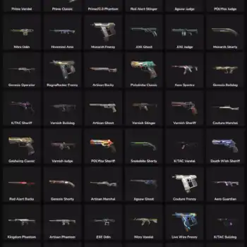 In-game weapon skins for Valorant and Fortnite, LATAM region, featuring 70 inactive skins for collec.