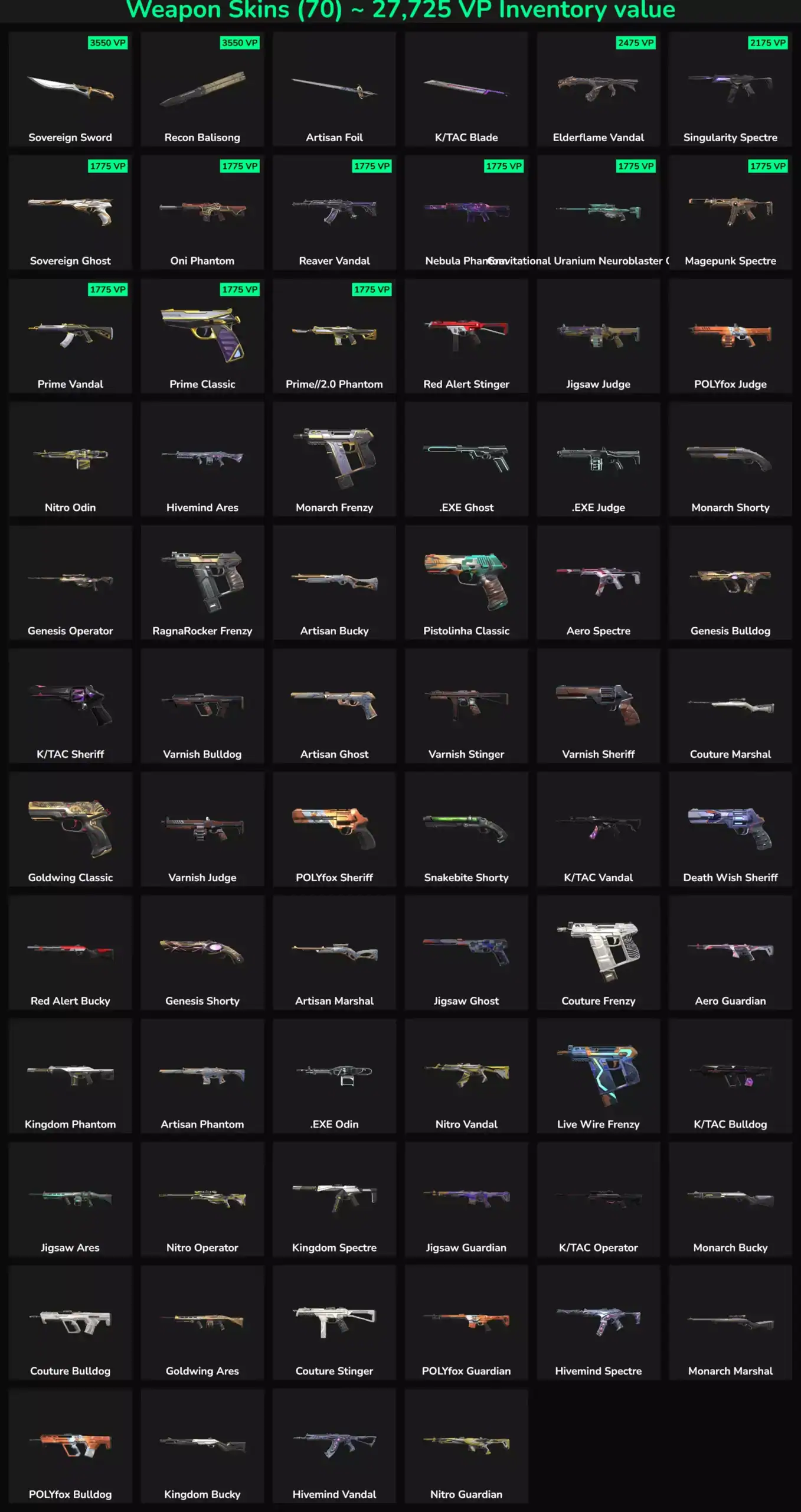 In-game weapon skins for Valorant and Fortnite, LATAM region, featuring 70 inactive skins for collec.