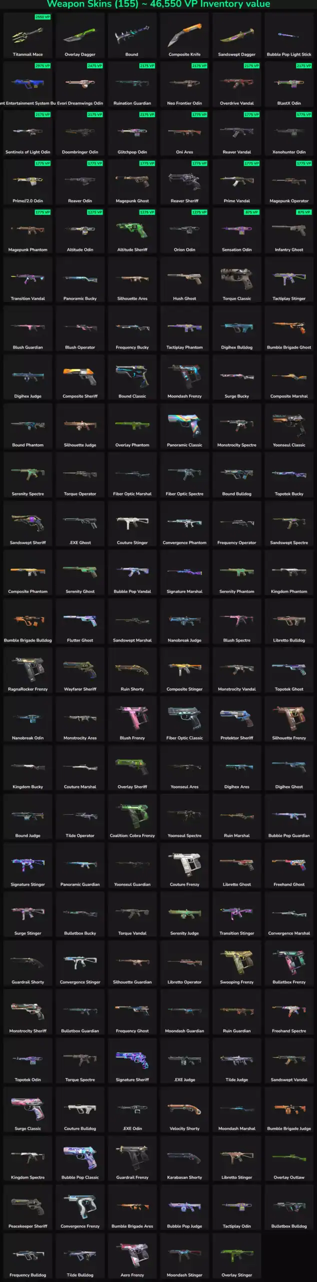 Collection of 155 inactive Valorant and Fortnite skins for gaming accounts.