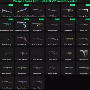 Inactive Valorant and Fortnite weapon skins for gaming accounts in NA region.