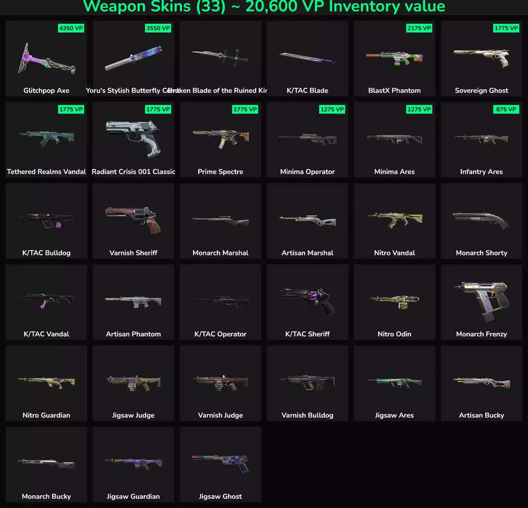 Inactive Valorant and Fortnite weapon skins for gaming accounts in NA region.