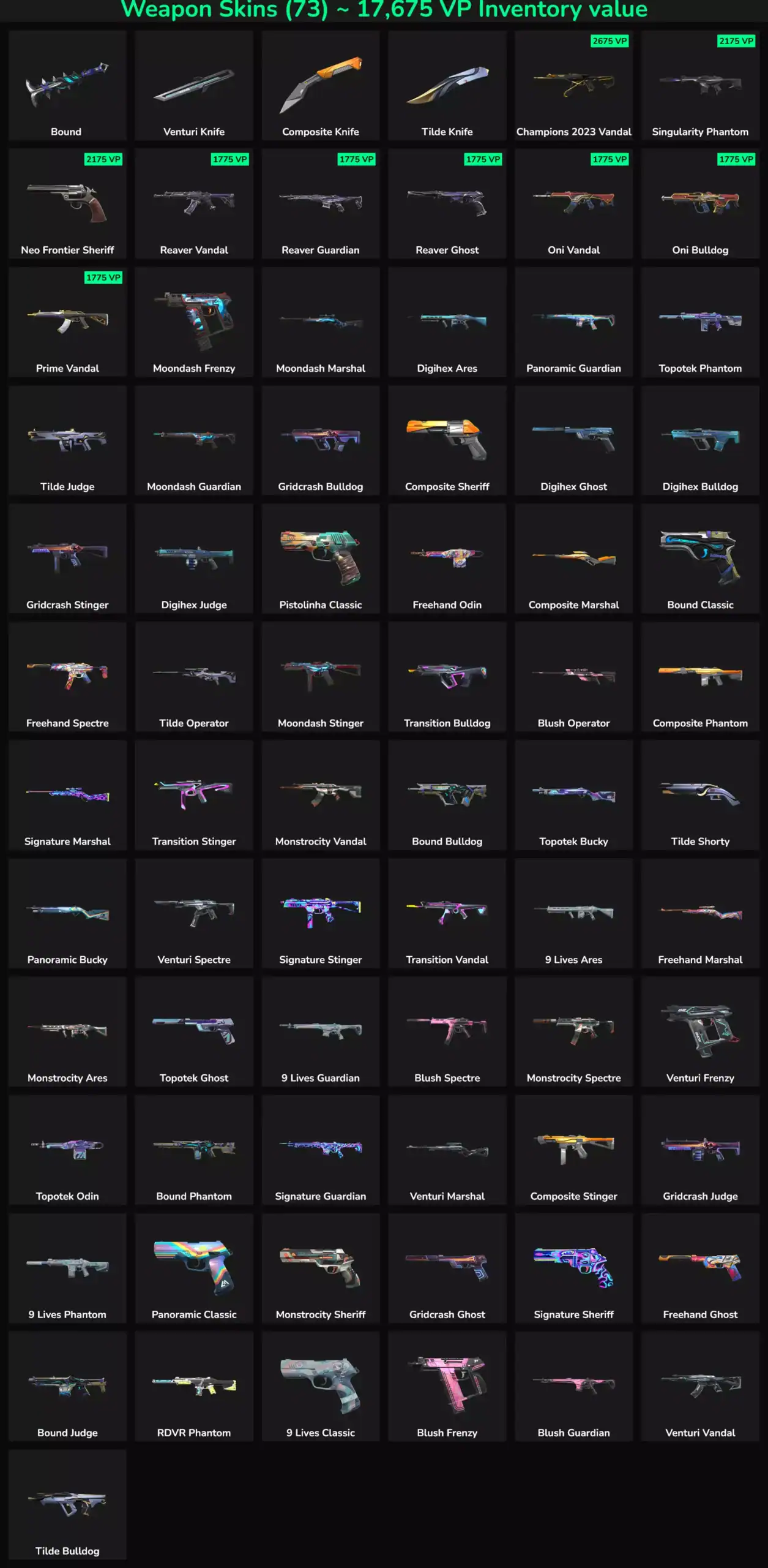 Collection of Valorant and Fortnite skins with 73 skins in LATAM market.