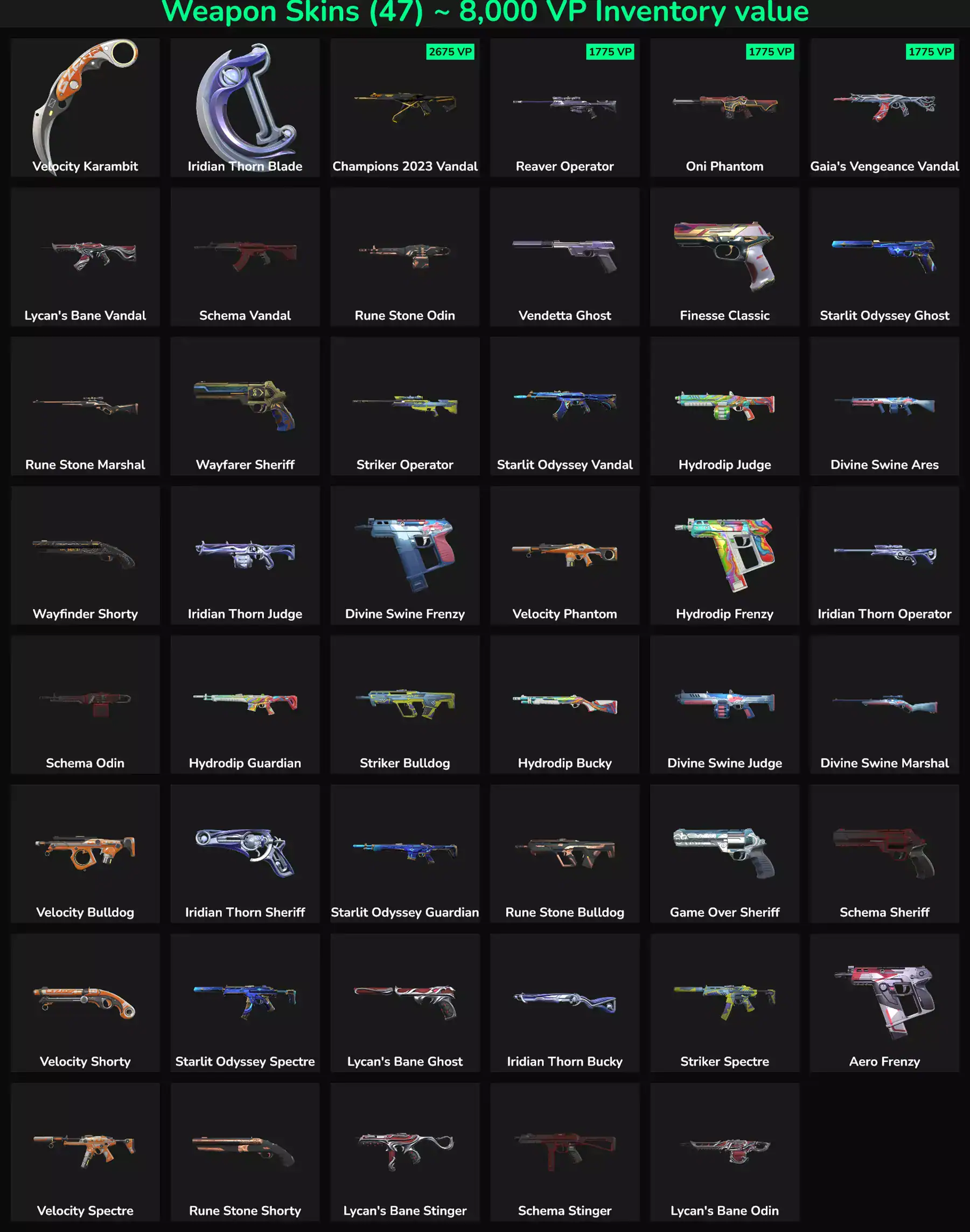 In-game Valorant skins for sale, including Vandal, Phantom, and Sheriff.