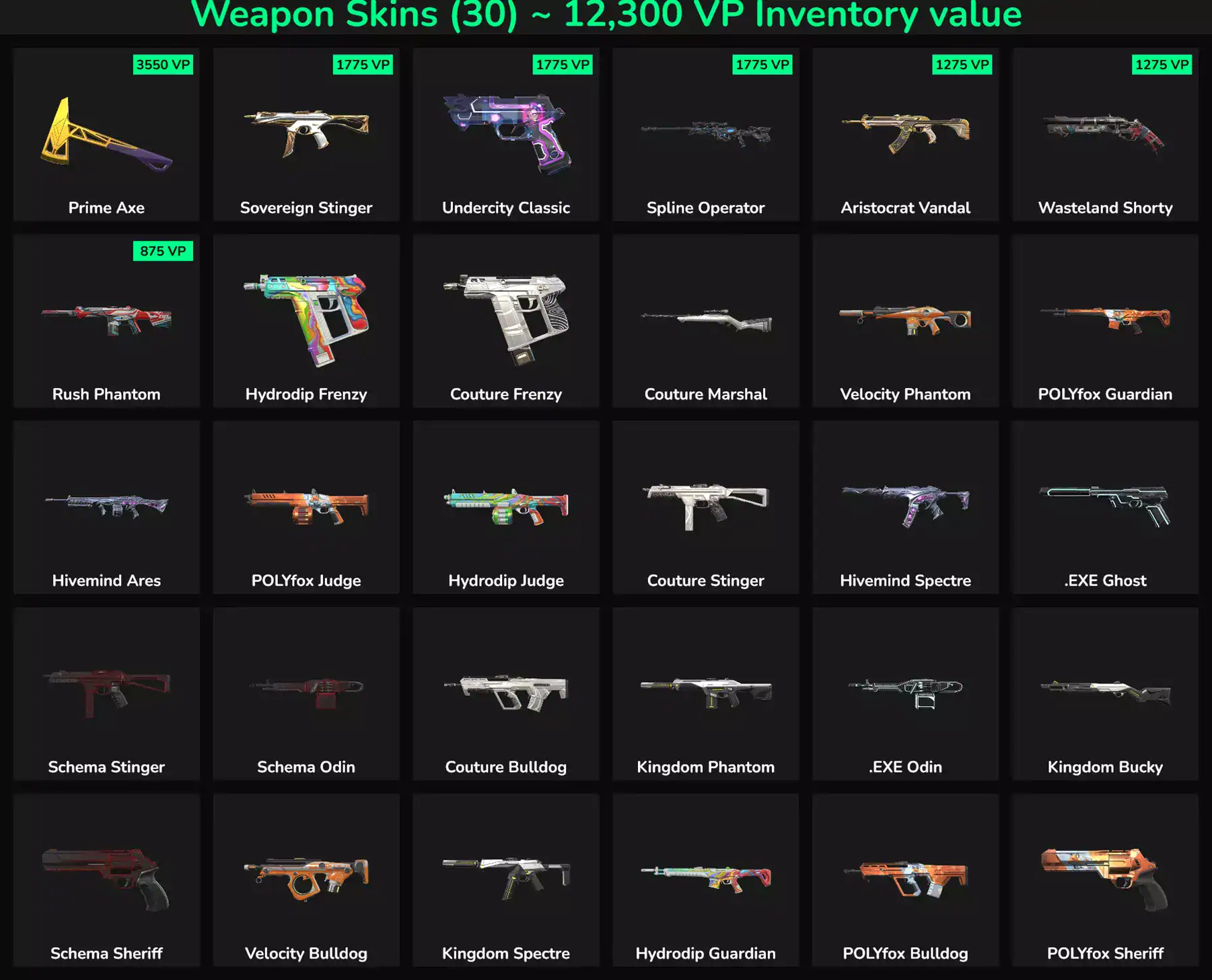 High-quality Valorant and Fortnite skins, including Prime Axe, Sovereign Stinger, and more. Perfect.