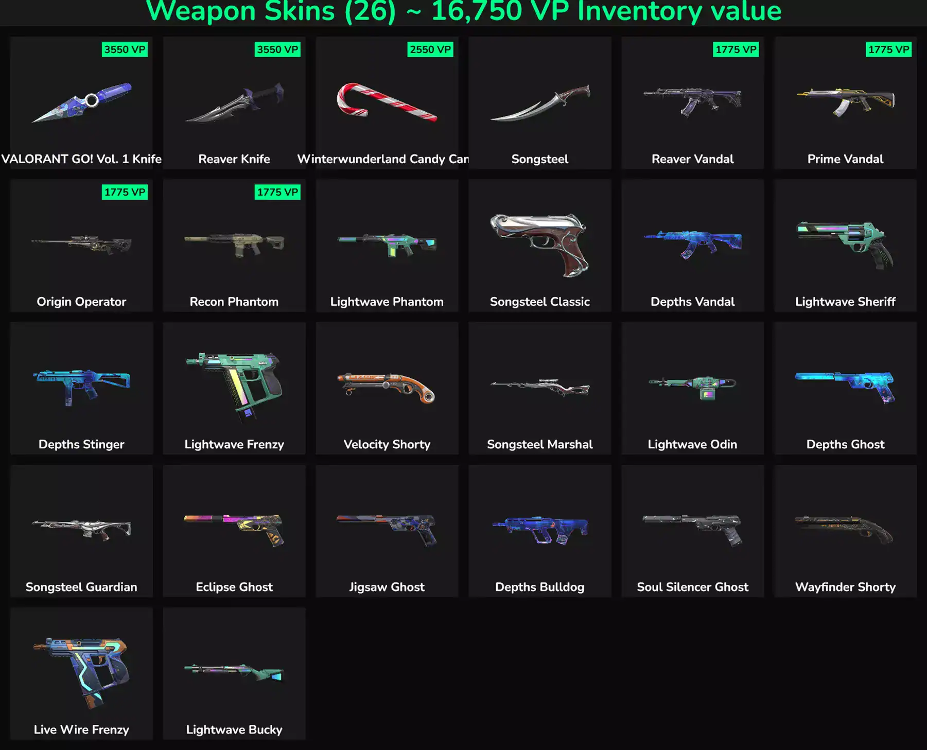 Collection of 30 inactive Valorant and Fortnite skins with high inventory value.