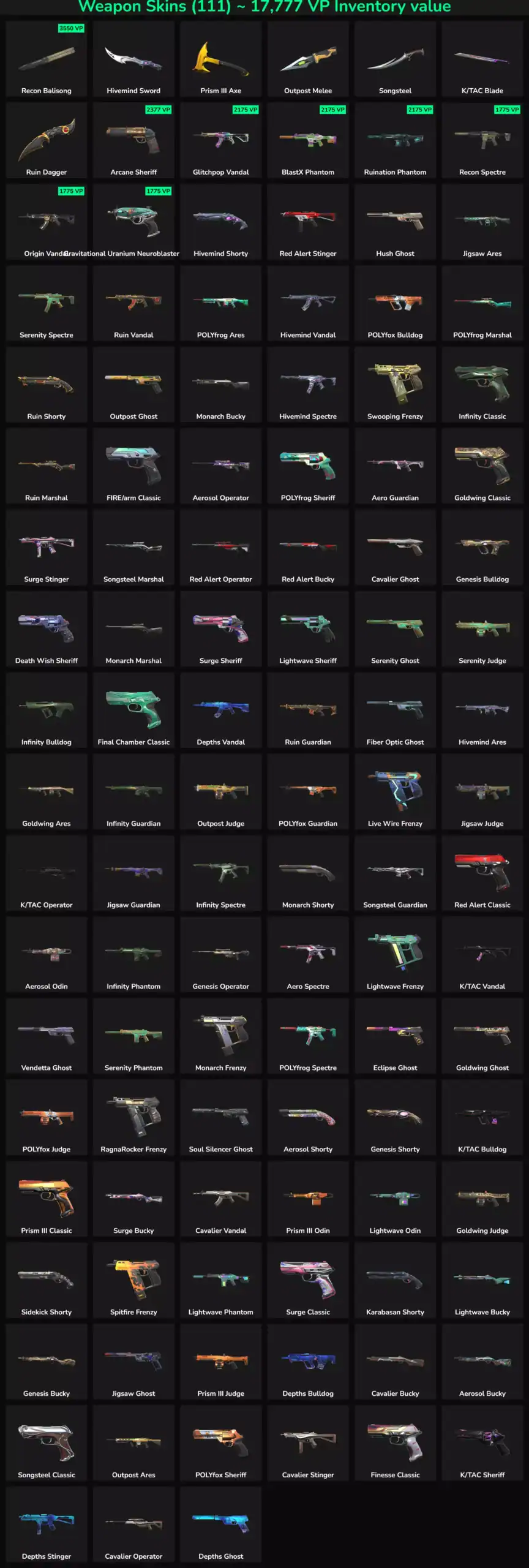 Image showing 111 inactive Valorant weapon skins with a total value of 17,799 VP.