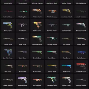 Collection of Valorant and Fortnite skins with 95 inactive skins in LATAM.