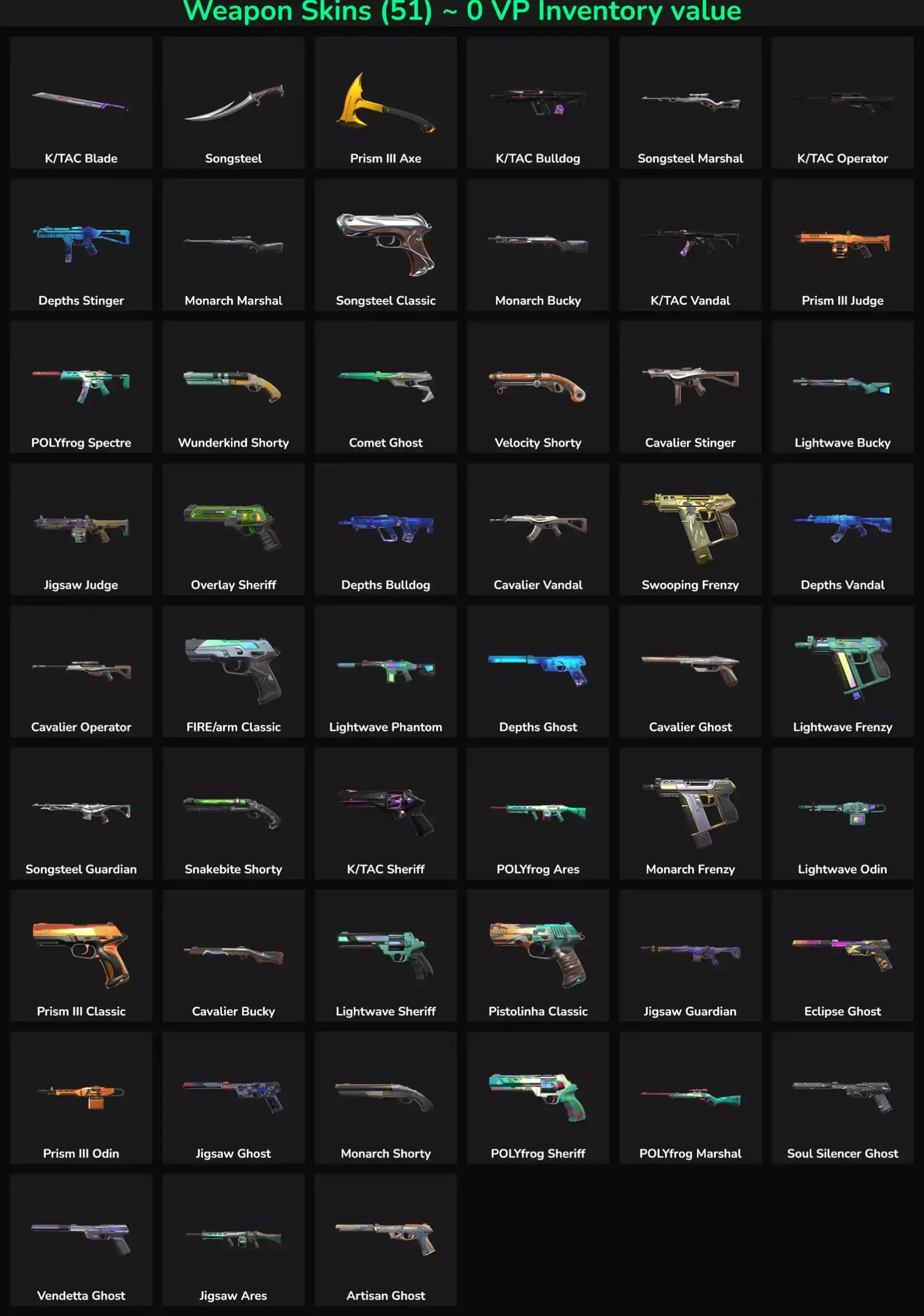 High-quality Valorant and Fortnite skins collection with 51 inactive skins.