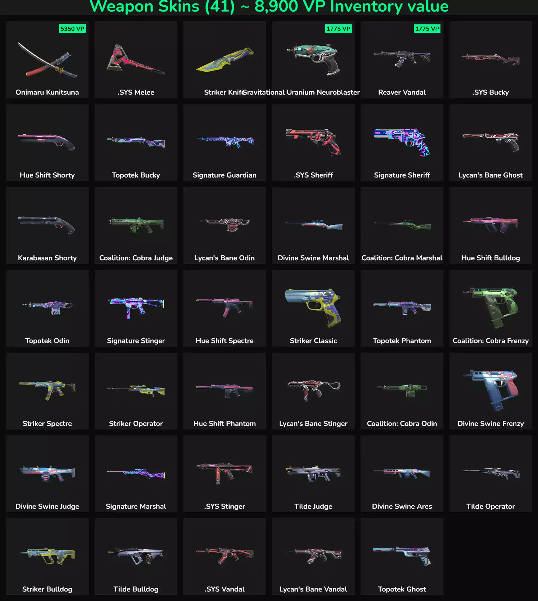 Collection of 41 inactive Valorant weapon skins for NA servers.