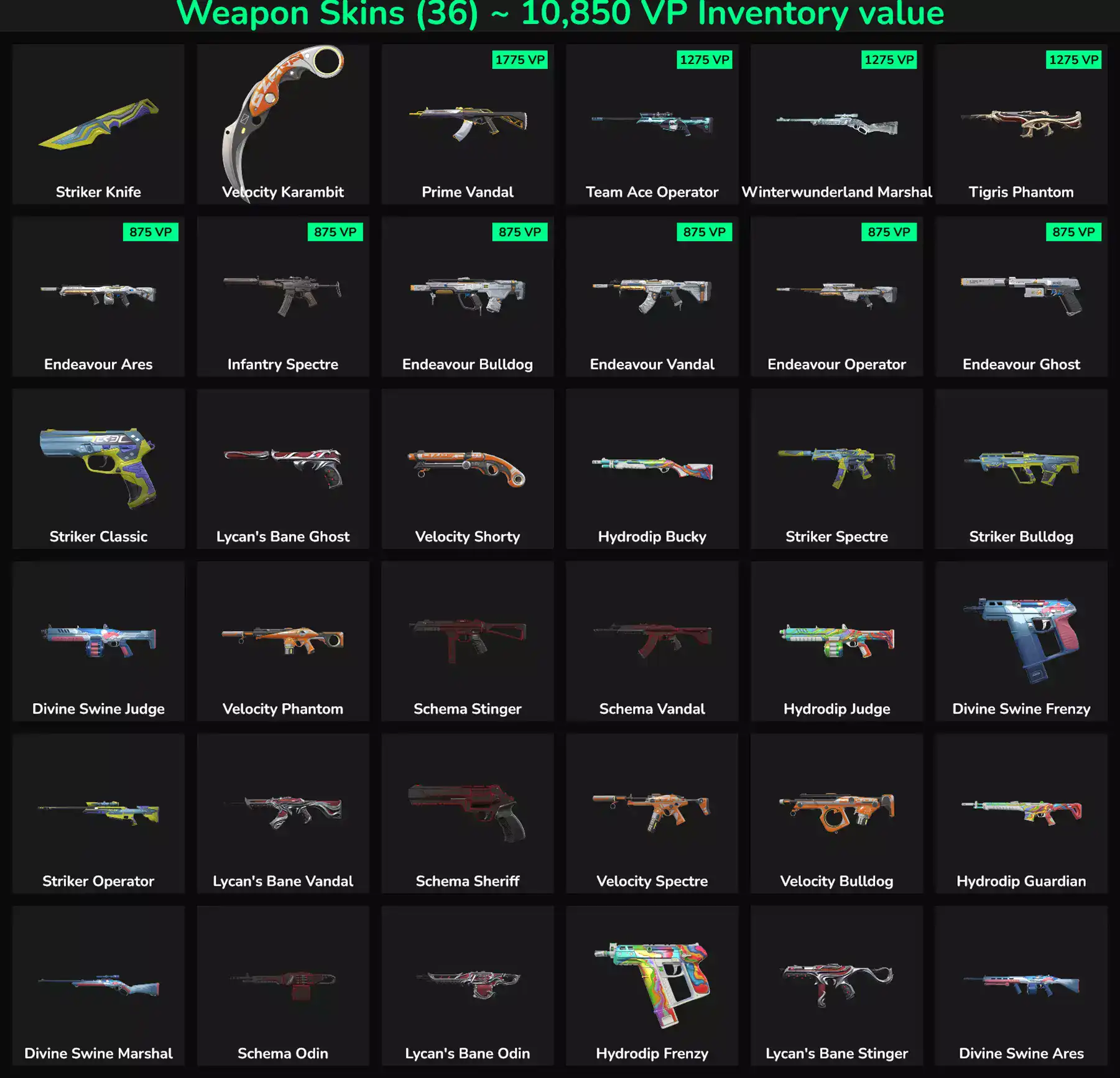 Collection of 36 inactive Valorant skins with high inventory value, NA server, USA region.