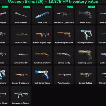 Inactive Valorant and Fortnite weapon skins for gaming accounts, including Glitchpop Dagger, Snowfal.