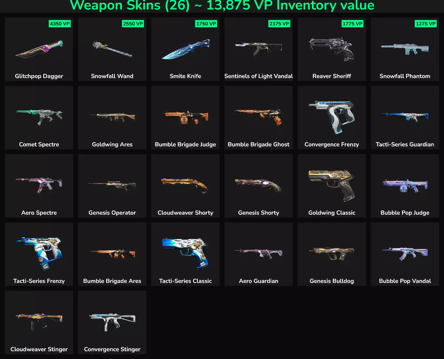Inactive Valorant and Fortnite weapon skins for gaming accounts, including Glitchpop Dagger, Snowfal.