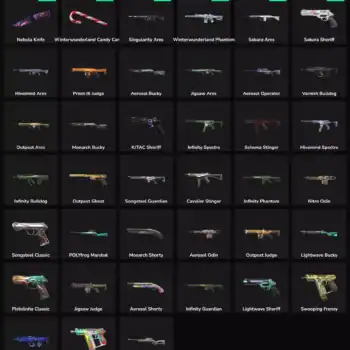 Inactive Valorant and Fortnite weapon skins with vibrant designs and unique styles. Perfect for coll.