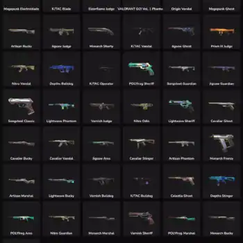 Inactive Valorant & Fortnite weapon skins with high inventory value.