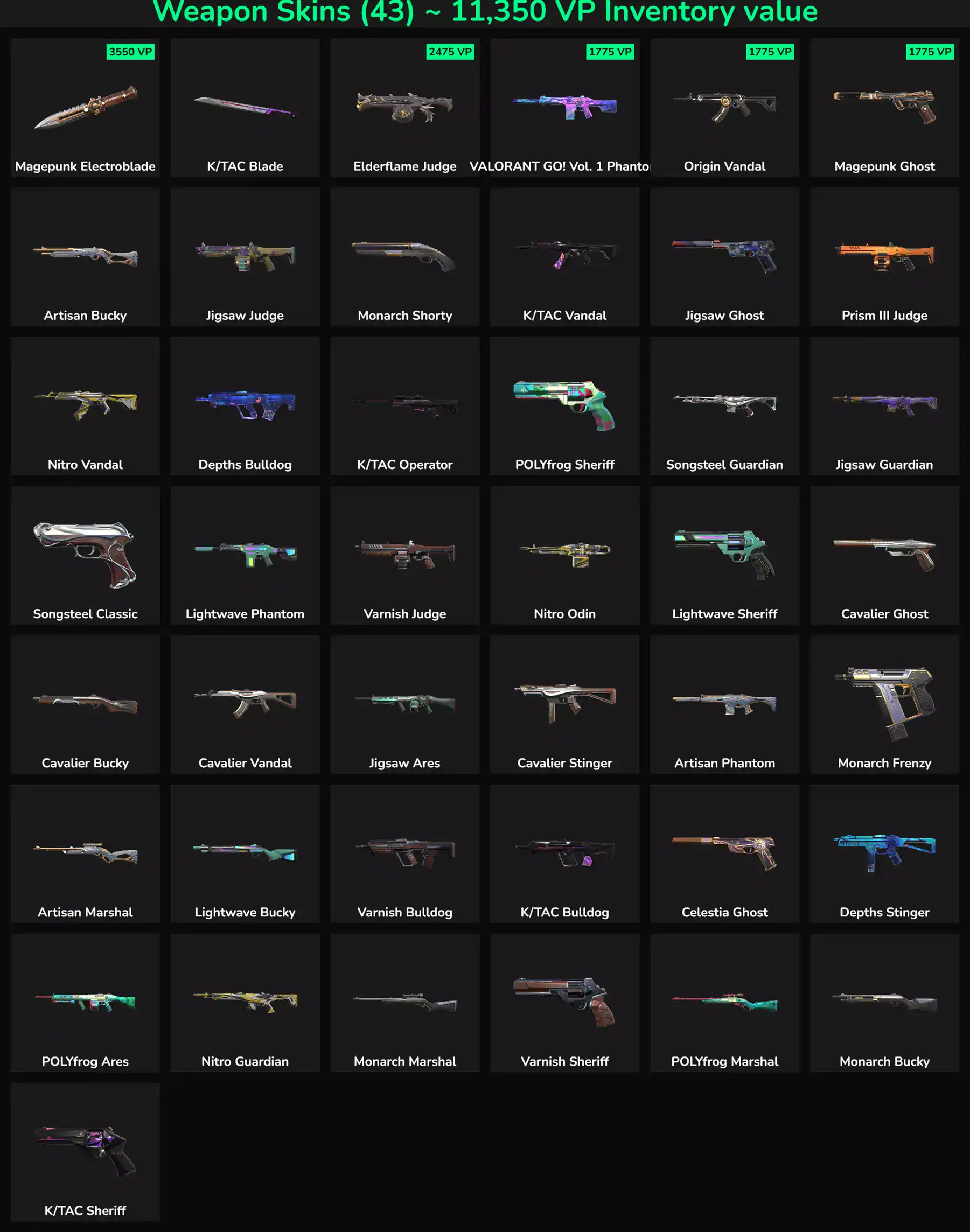 Inactive Valorant & Fortnite weapon skins with high inventory value.