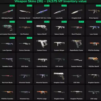 Collection of 36 inactive Valorant skins with high inventory value, NA server, US region.