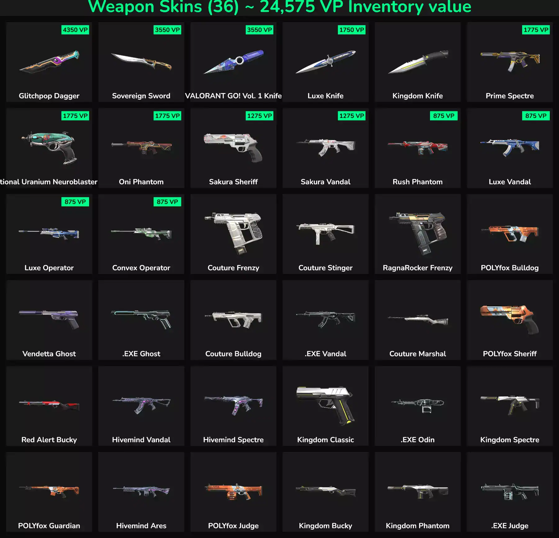 Collection of 36 inactive Valorant skins with high inventory value, NA server, US region.