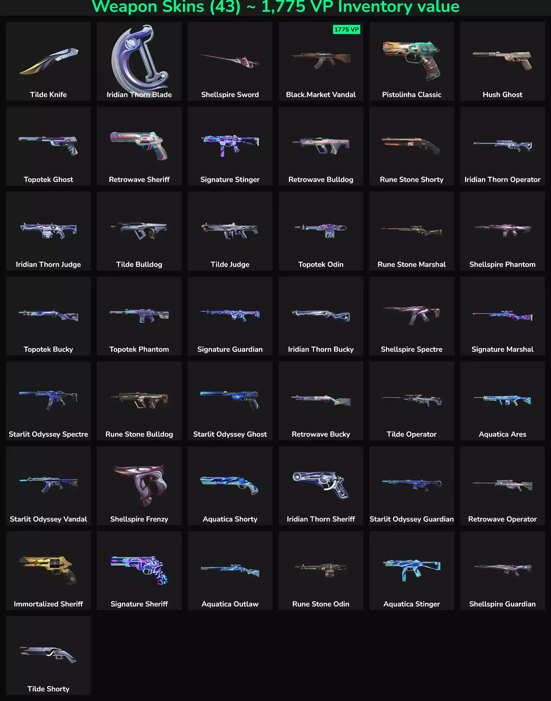 High-quality Valorant account with 43 inactive weapon skins. Perfect for collectors and players.