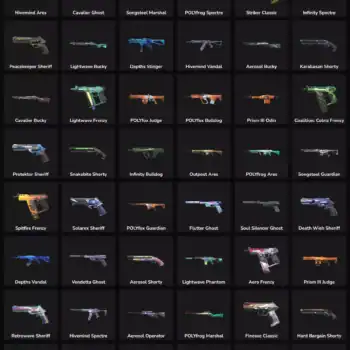 Collection of 82 inactive Valorant and Fortnite skins on gaming marketplace.