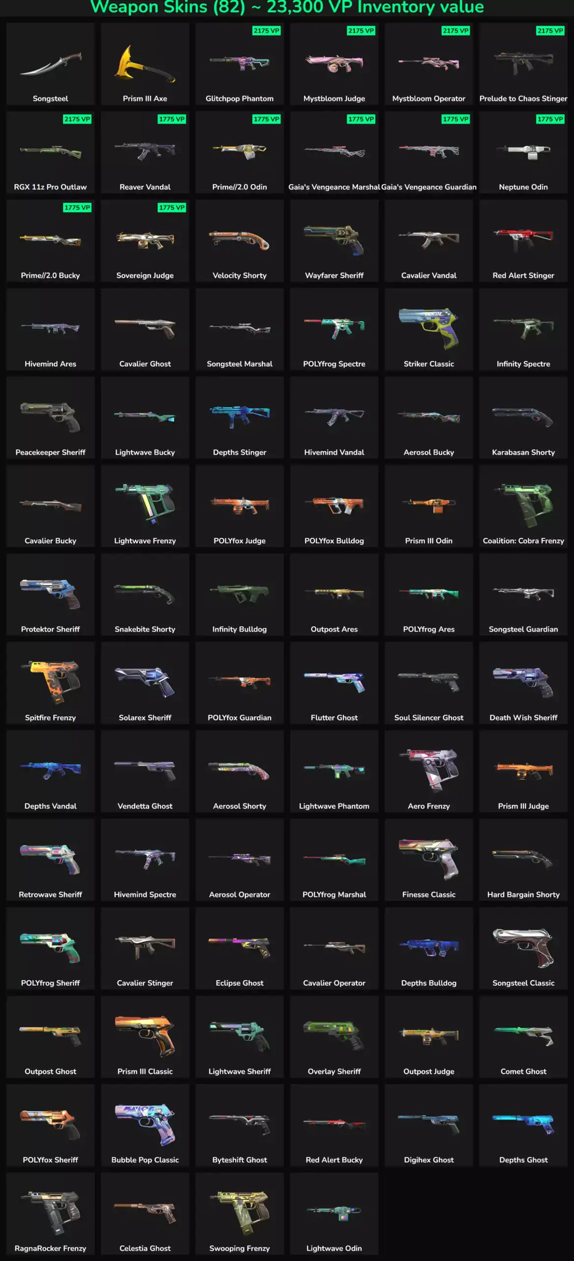 Collection of 82 inactive Valorant and Fortnite skins on gaming marketplace.