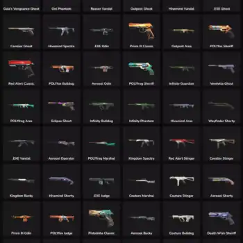 Collection of 69 inactive Valorant skins and Fortnite skins for sale in LATAM.