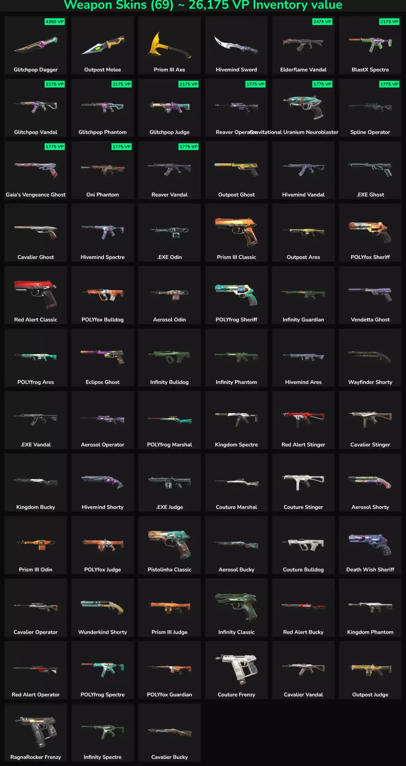 Collection of 69 inactive Valorant skins and Fortnite skins for sale in LATAM.
