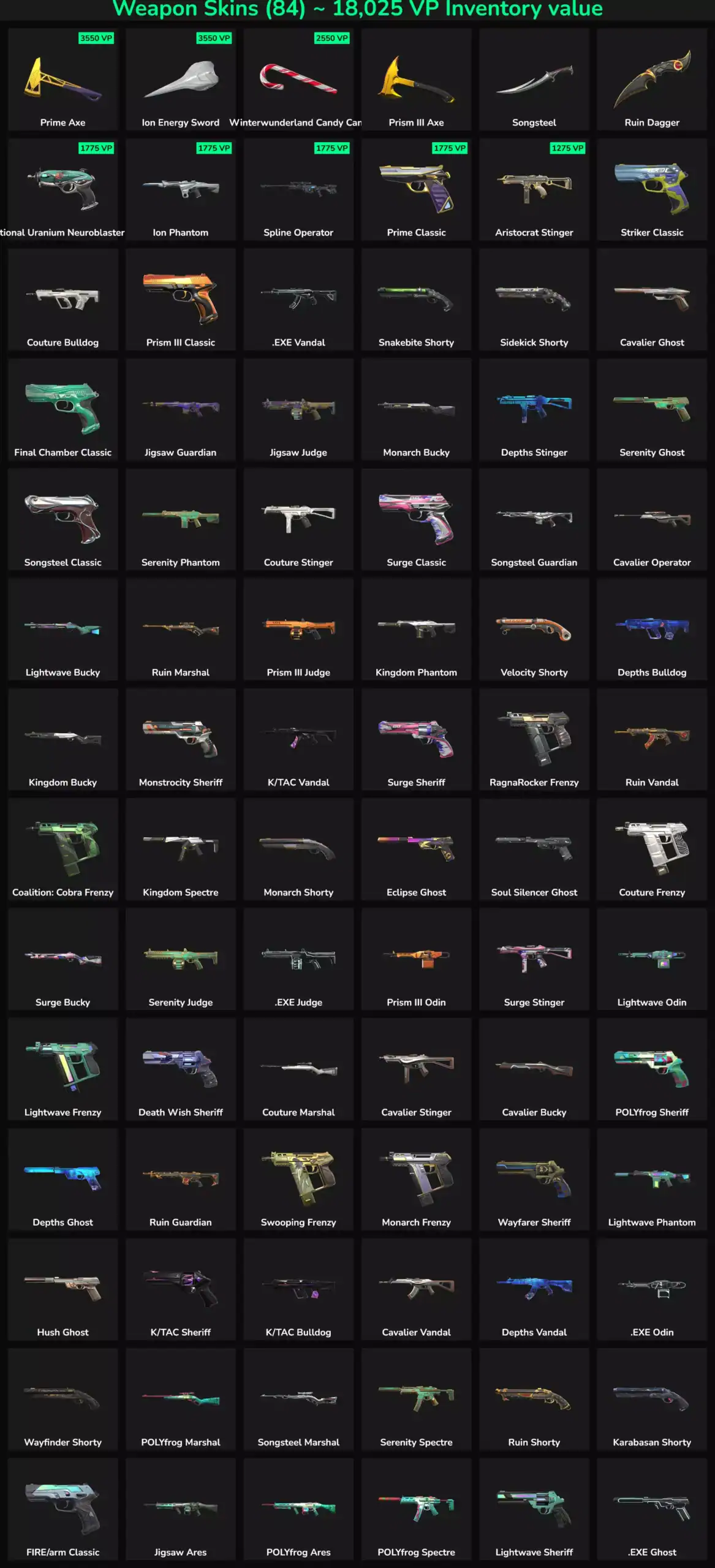 Collection of Valorant and Fortnite skins for gaming accounts in LATAM.