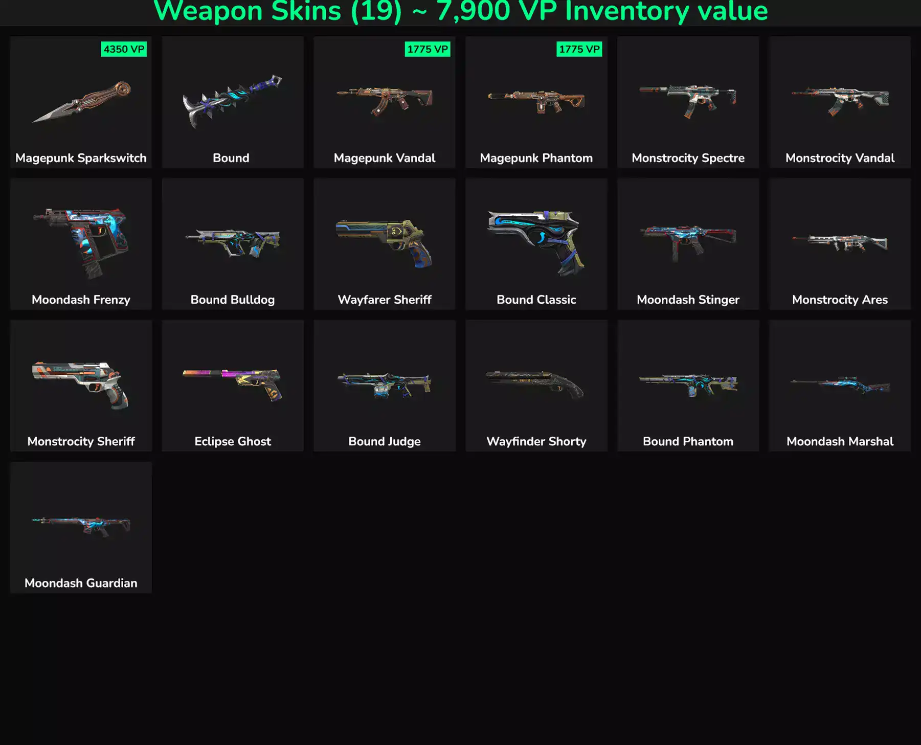 High-quality Valorant and Fortnite weapon skins with 19 inactive options available for purchase.