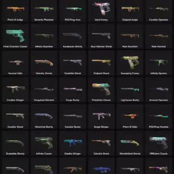 Collection of 75 Valorant skins with inactive status, LATAM gaming marketplace.