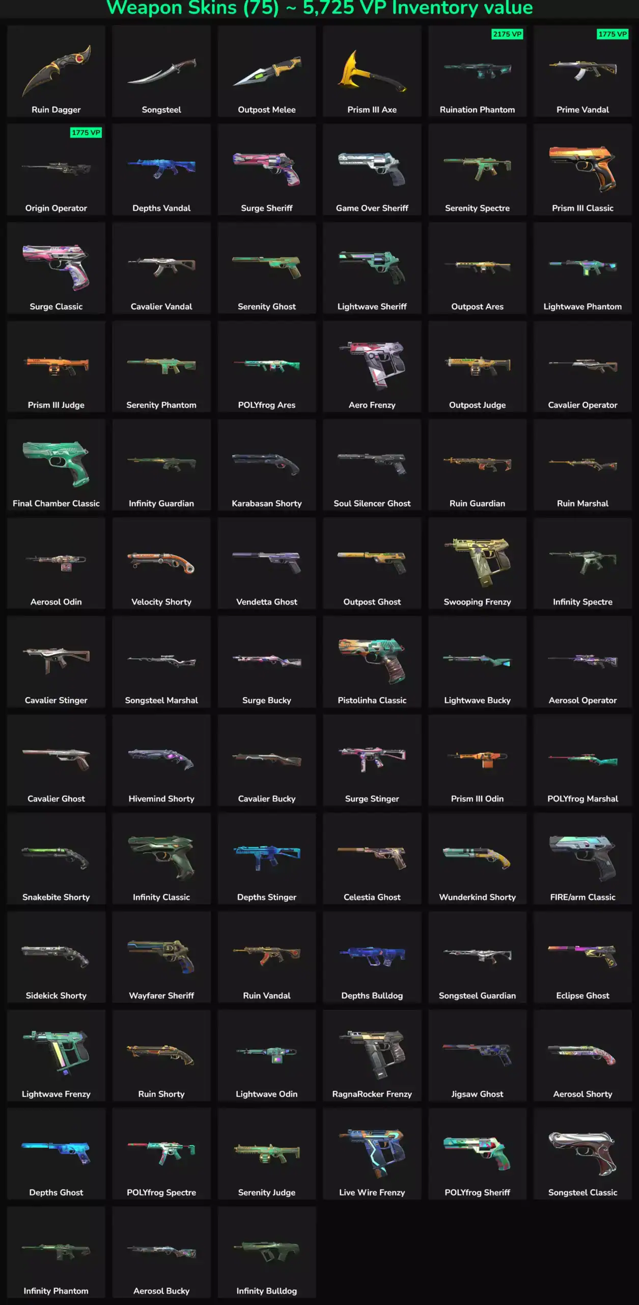 Collection of 75 Valorant skins with inactive status, LATAM gaming marketplace.