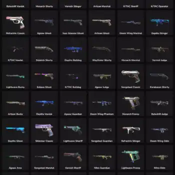 Collection of 67 Valorant skins with inactive status in LATAM region.