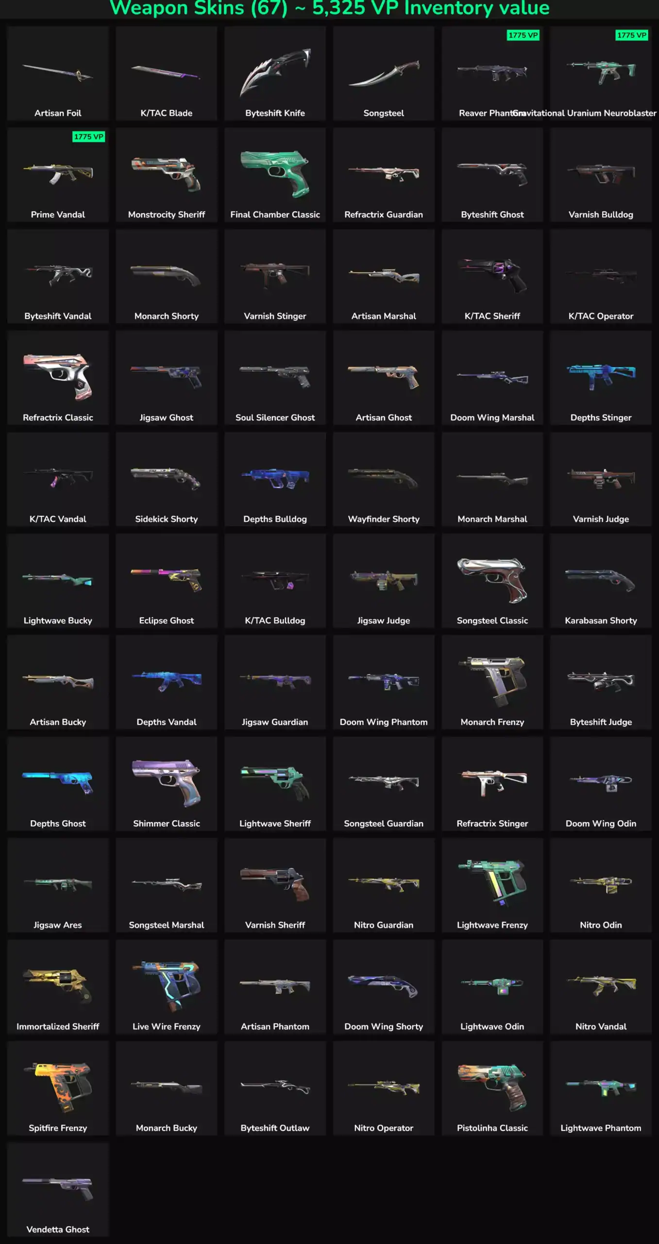 Collection of 67 Valorant skins with inactive status in LATAM region.