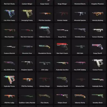 Collection of 79 Valorant and Fortnite weapon skins, inactive, for LATAM gamers.