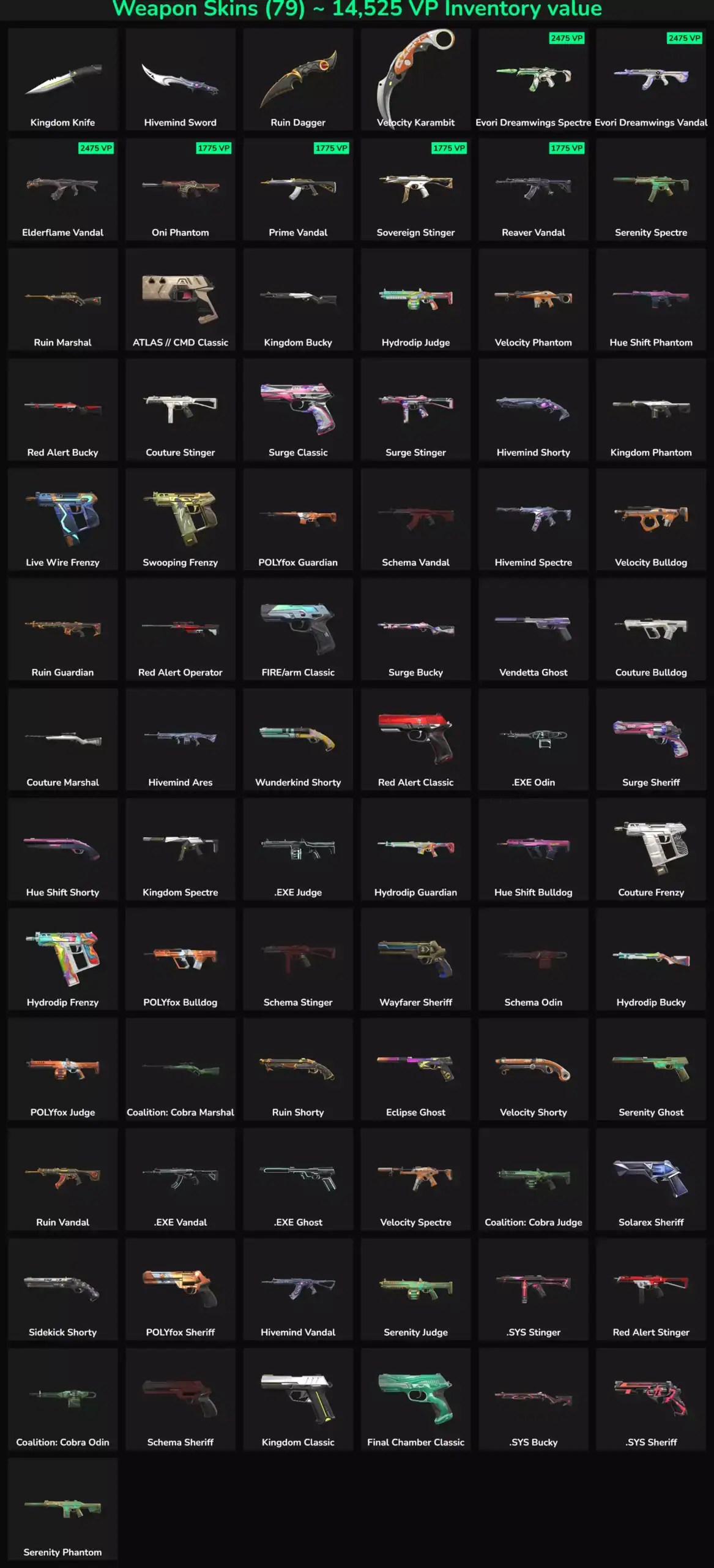 Collection of 79 Valorant and Fortnite weapon skins, inactive, for LATAM gamers.