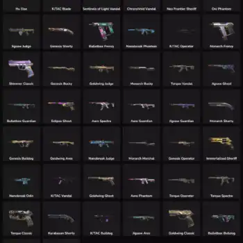 In-game weapon skins for Valorant and Fortnite, including rare and exclusive designs.