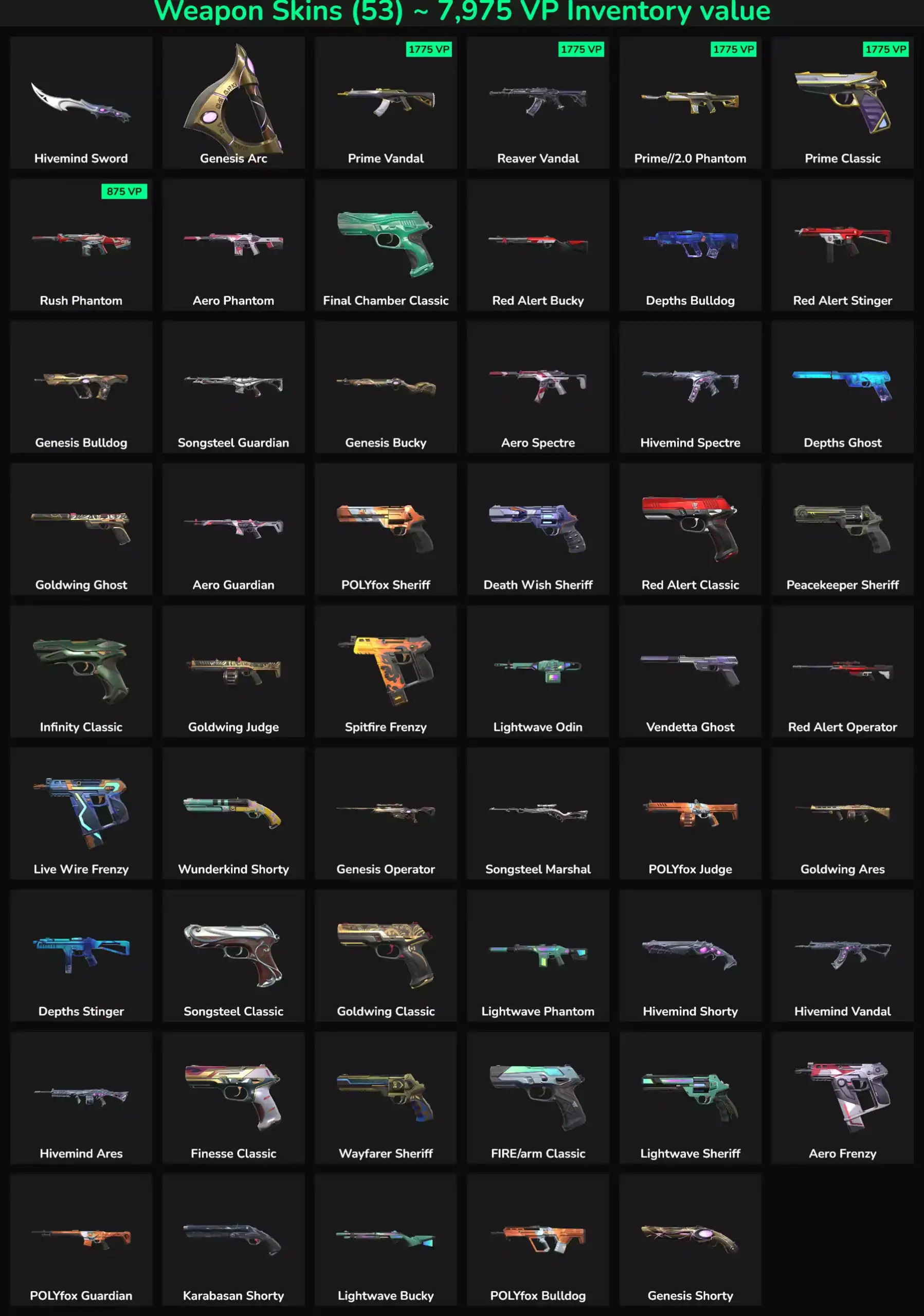 Weapon skins for Valorant, including Prime, Reaver, Genesis, and more. Inactive skins with high aest.