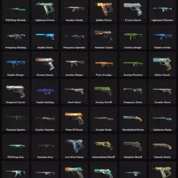 Inactive Valorant and Fortnite skins with 66 options, showcasing a variety of styles and rarities fo.