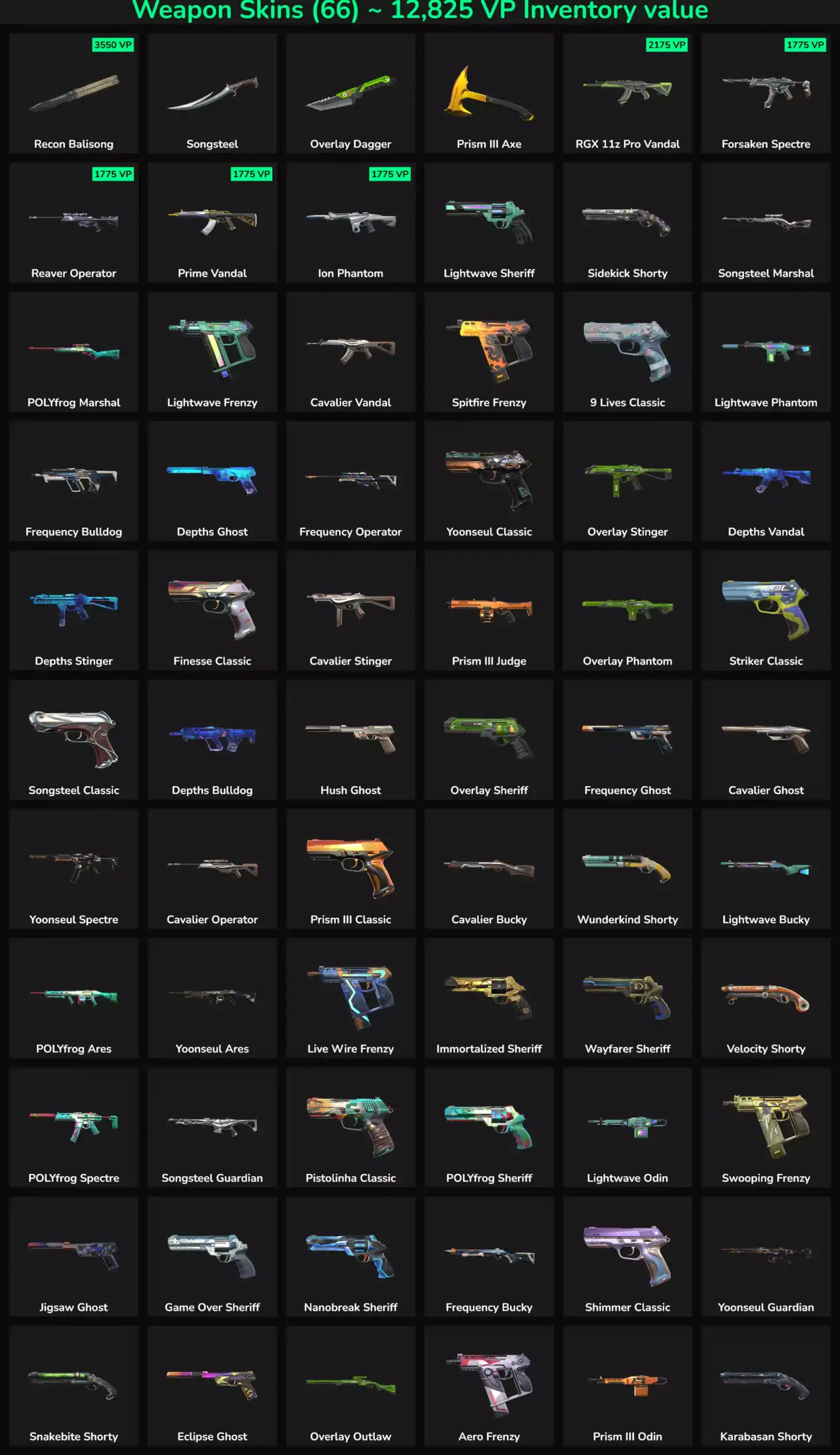 Inactive Valorant and Fortnite skins with 66 options, showcasing a variety of styles and rarities fo.