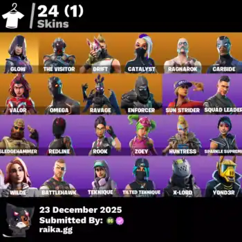 Quality Valorant and Fortnite skins featuring Glow, The Visitor, Drift, Catalyst, Ragnarok, Carbide,.