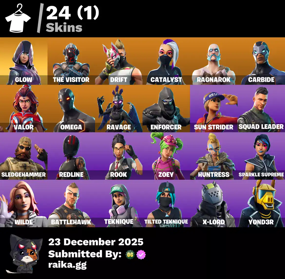Quality Valorant and Fortnite skins featuring Glow, The Visitor, Drift, Catalyst, Ragnarok, Carbide,.