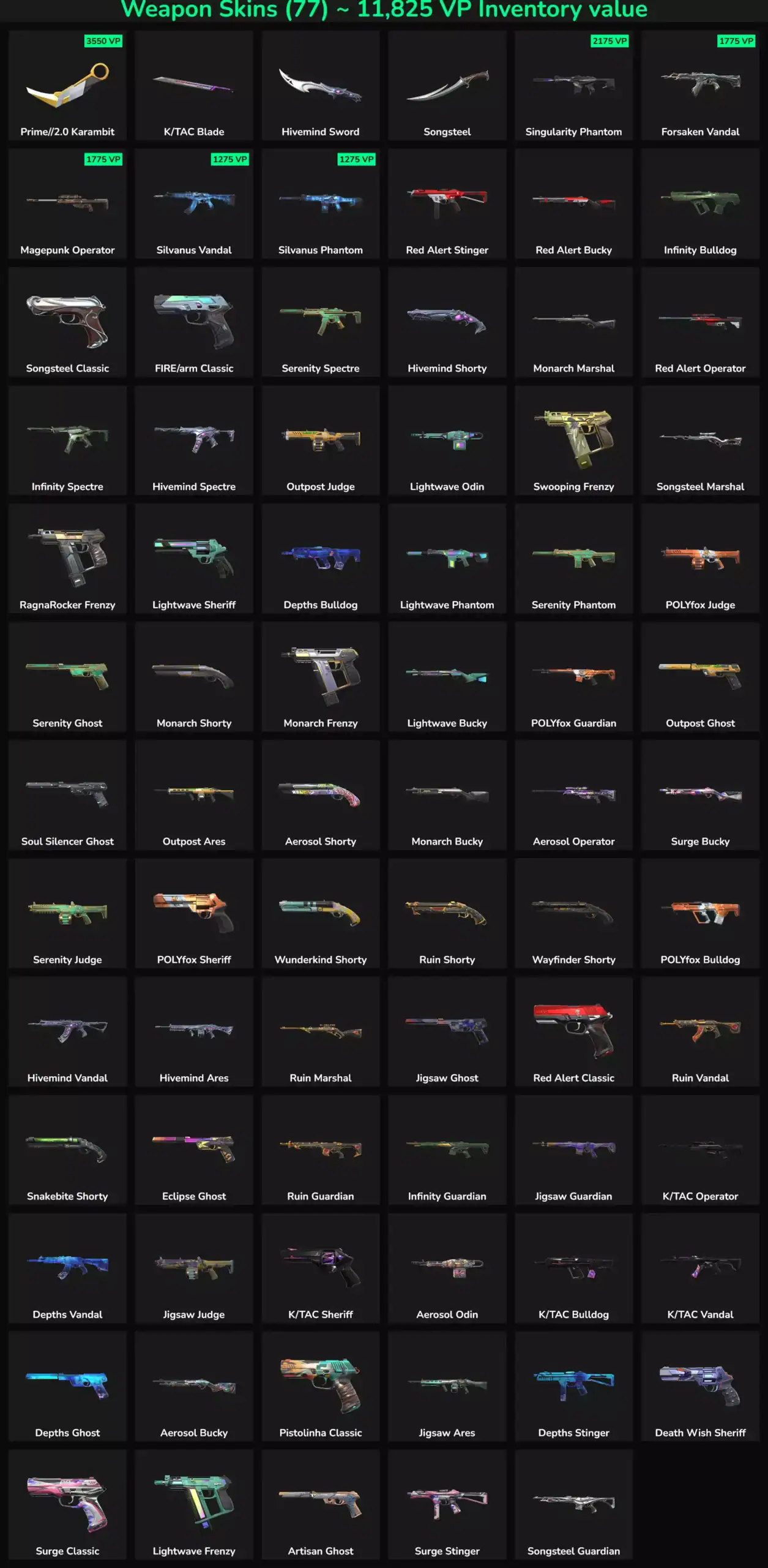 Inactive Valorant and Fortnite skins with 77 skins in EU server.