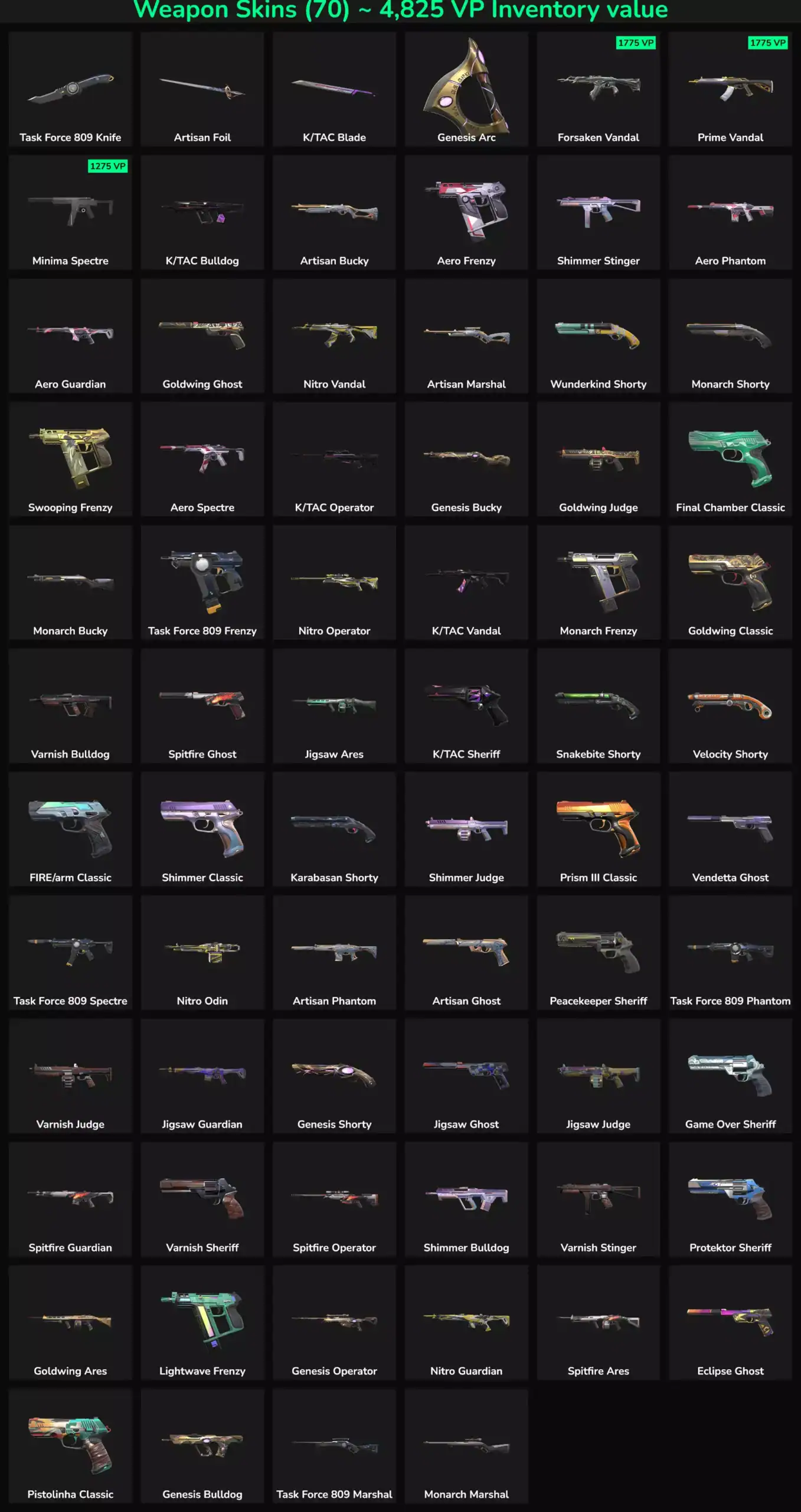 Inactive Valorant skins collection in EU server, 70 skins available.