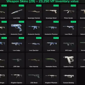 High-quality Valorant weapon skins for sale, including Sovereign, Luxe, and Galleria skins, with VP.