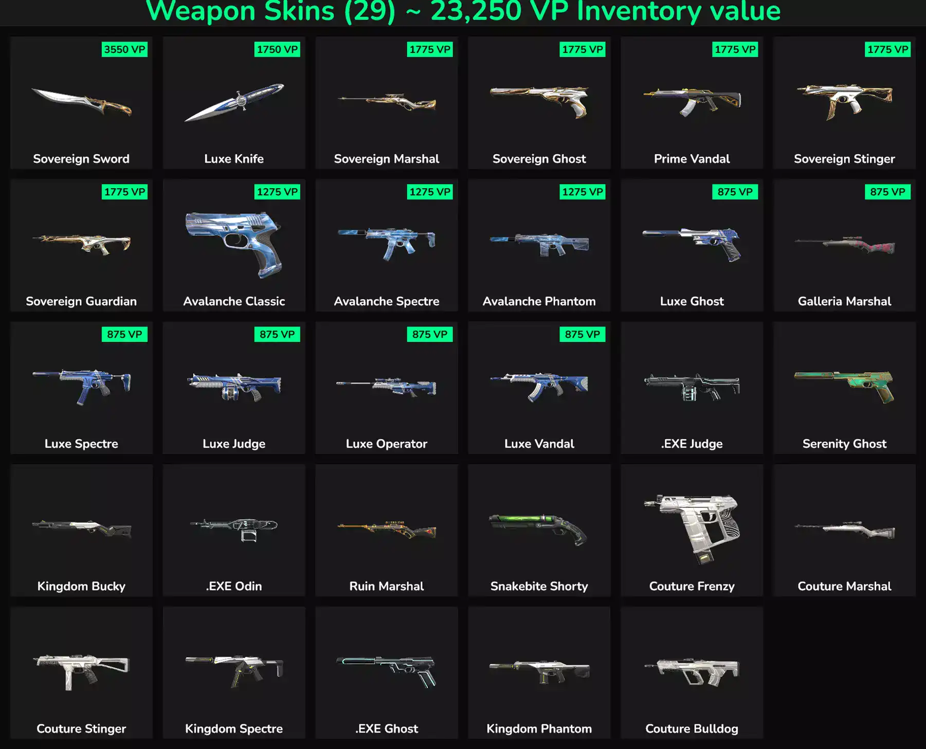 High-quality Valorant weapon skins for sale, including Sovereign, Luxe, and Galleria skins, with VP.