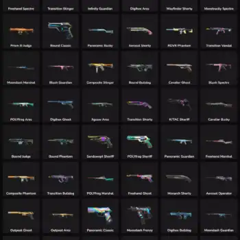 Collection of inactive Valorant and Fortnite skins for gaming accounts.