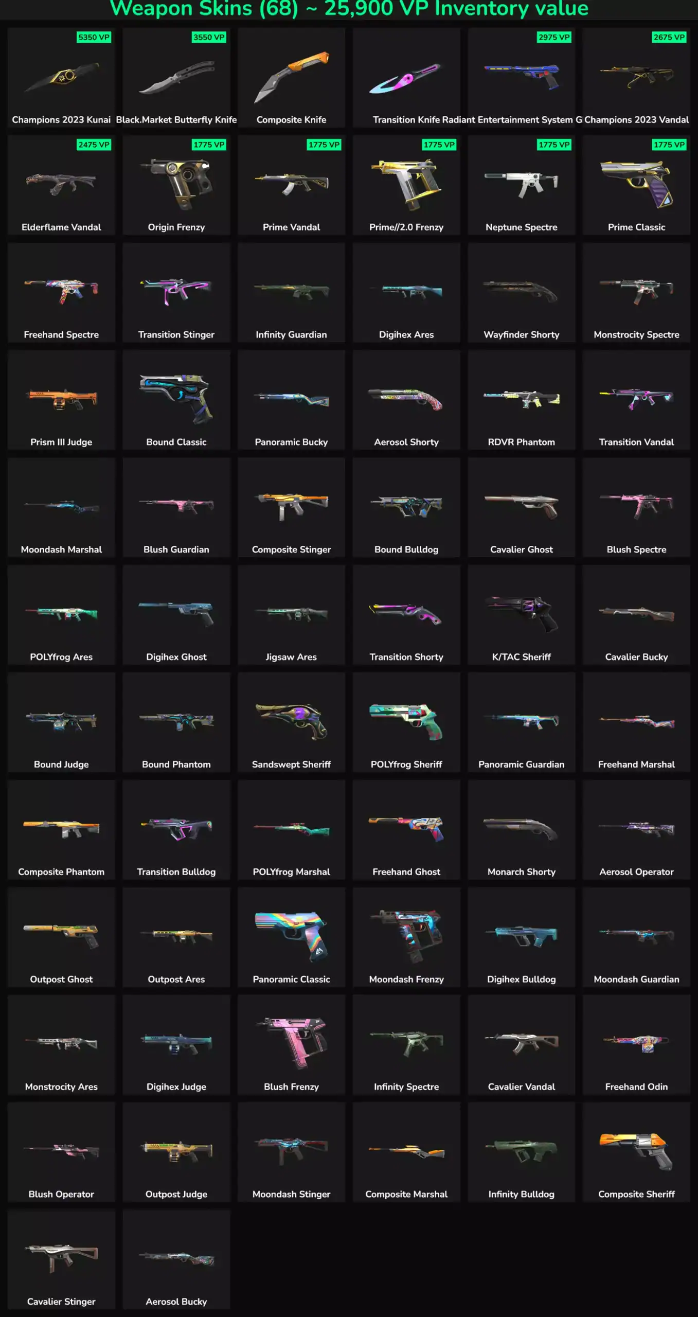 Collection of inactive Valorant and Fortnite skins for gaming accounts.