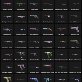 Collection of Valorant and Fortnite weapon skins for gaming accounts.