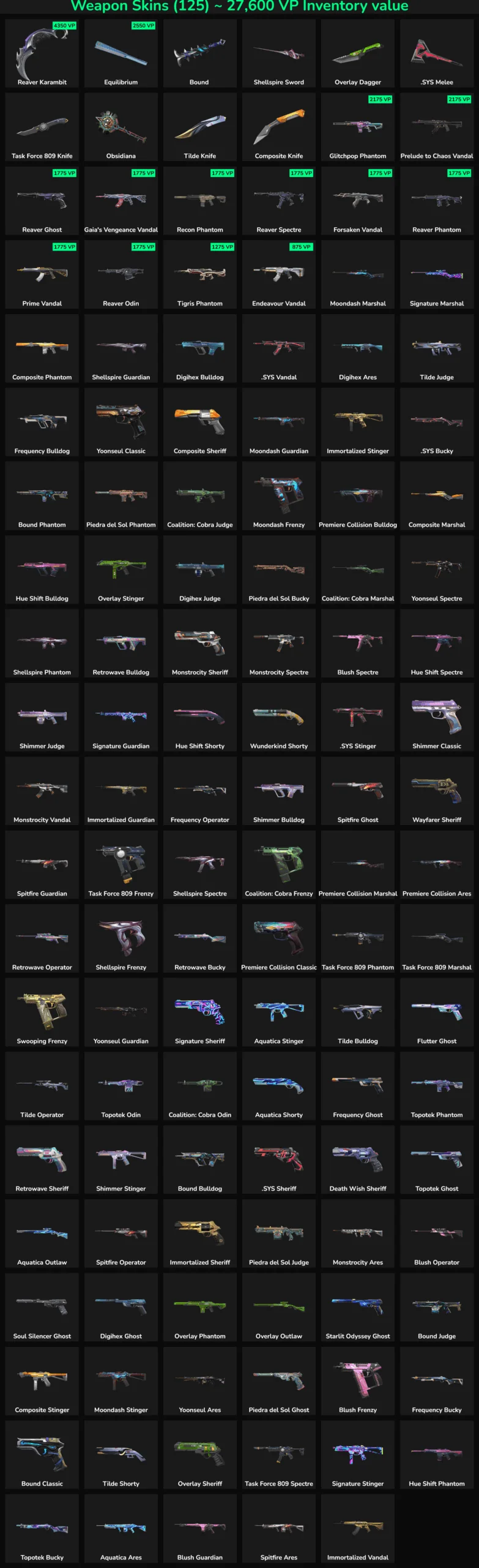 Collection of Valorant and Fortnite weapon skins for gaming accounts.