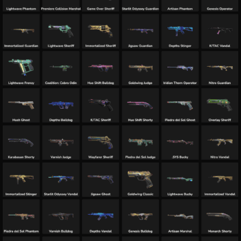Collection of 106 inactive Valorant and Fortnite skins for sale.
