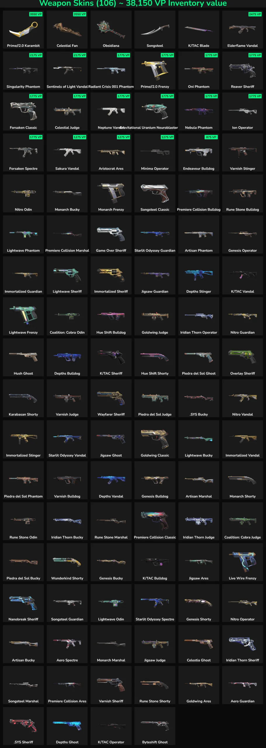Collection of 106 inactive Valorant and Fortnite skins for sale.